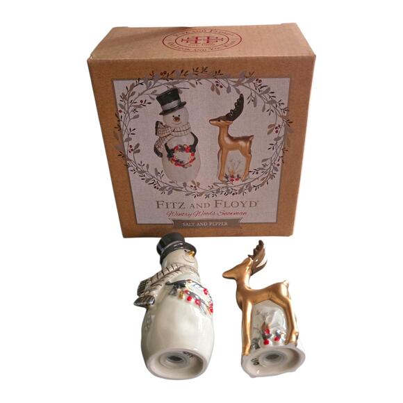 Fitz Floyd Wintery Woods Snowman & Reindeer Salt & Pepper Shakers NEW - Picture 1 of 3
